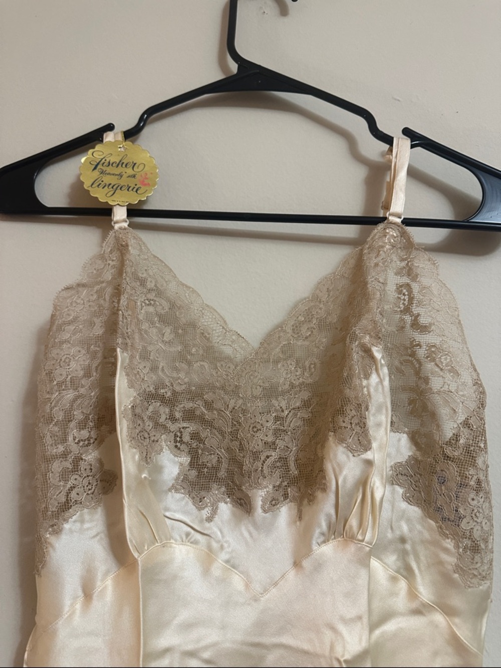 Vintage Silky Lace-Trim Slip Chemise in Cream by Fischer Lingerie - Picture 2 of 13